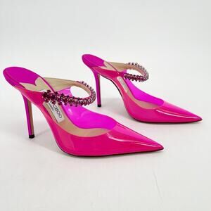 Jimmy Choo Pink Plexi Bing 100 Crystal Embellished Pointed Toe Mule Heel IT 39